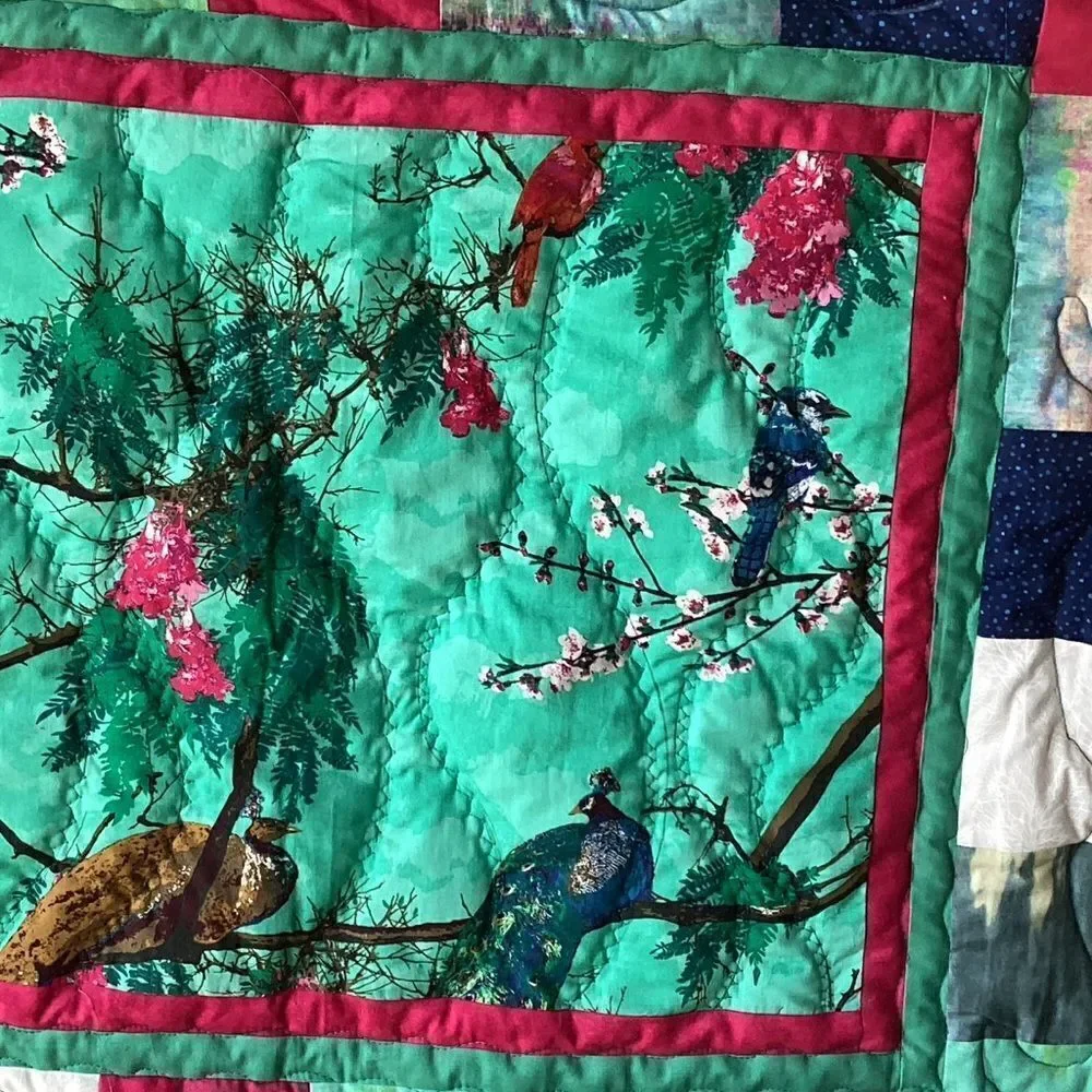 NWT Hand Crafted Turquoise Birds in Cherry Blossom Tree Quilt